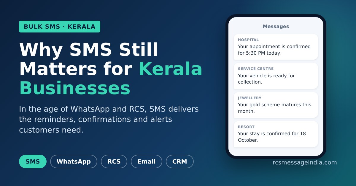 Bulk SMS for Kerala businesses: sample SMS reminders and confirmations alongside WhatsApp, RCS, email and CRM